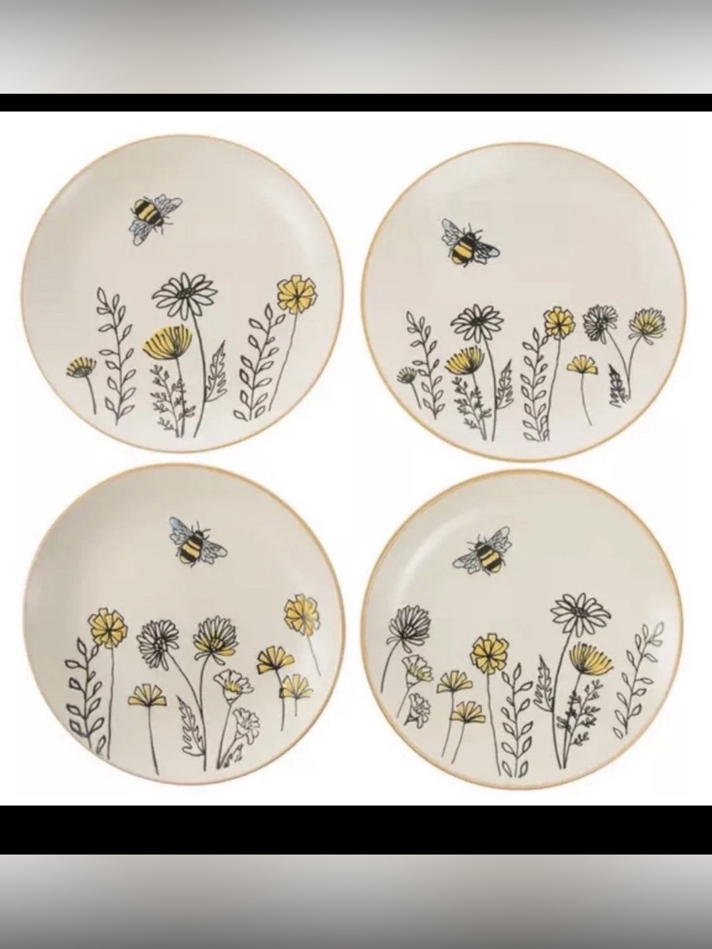 Spectrum Designz Bee & Wildflower Dessert Plates Set of 4 ~ 6” Cottage Style New